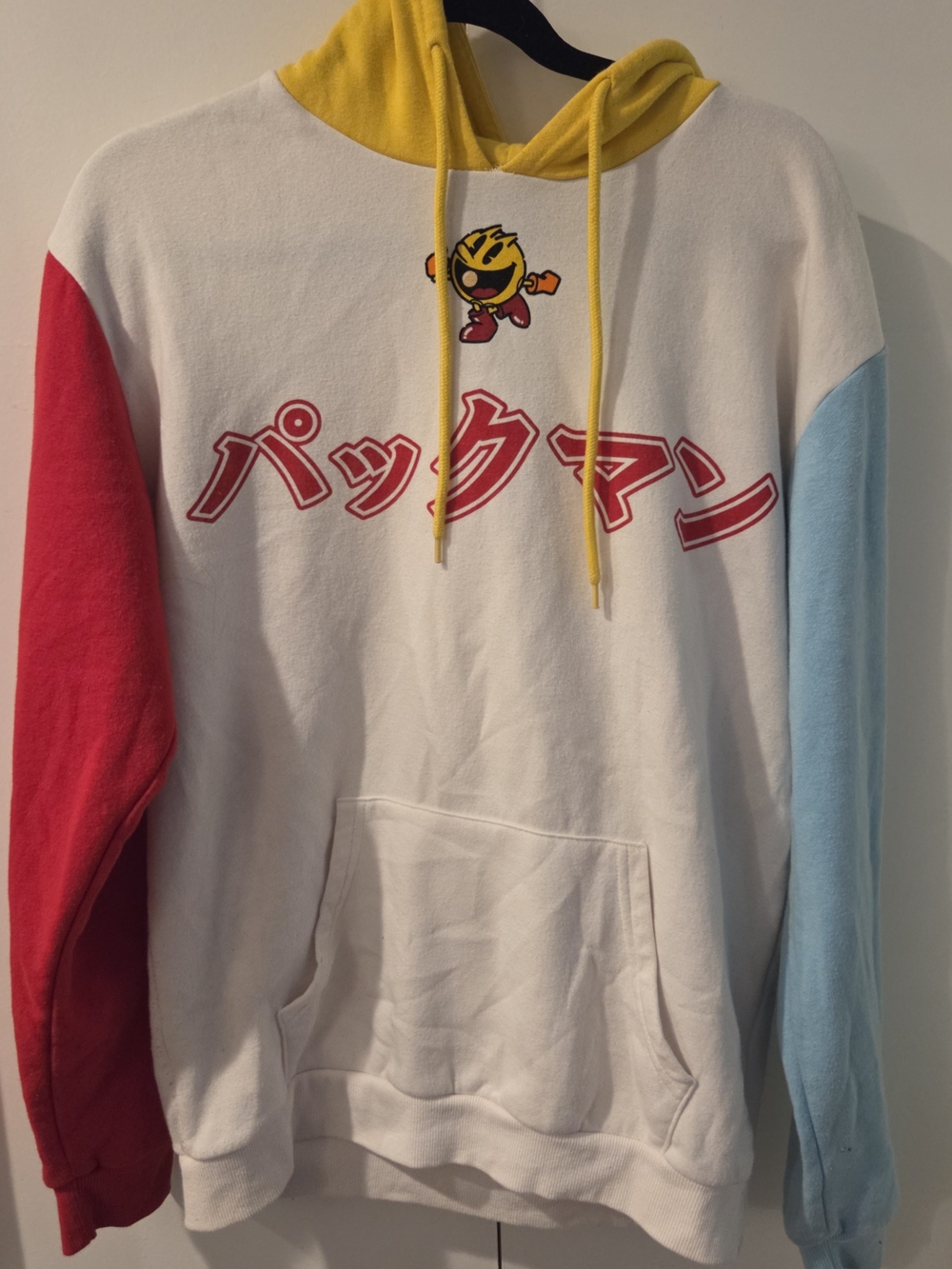 White Pac-Man Graphic Hoodie with Colorblock Sleeves